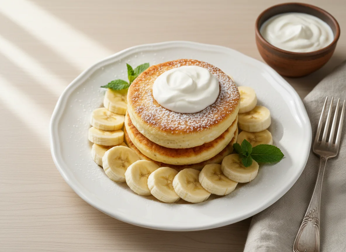 Cottage Cheese Pancakes with Banana and Sour Cream photo