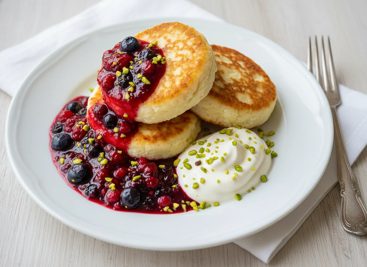 Cottage Cheese Pancakes with Berry Sauce and Sour Cream photo