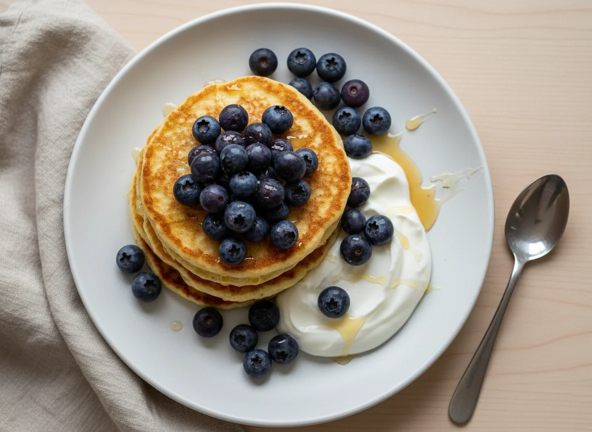 Cottage Cheese Pancakes with Blueberries and Yogurt photo