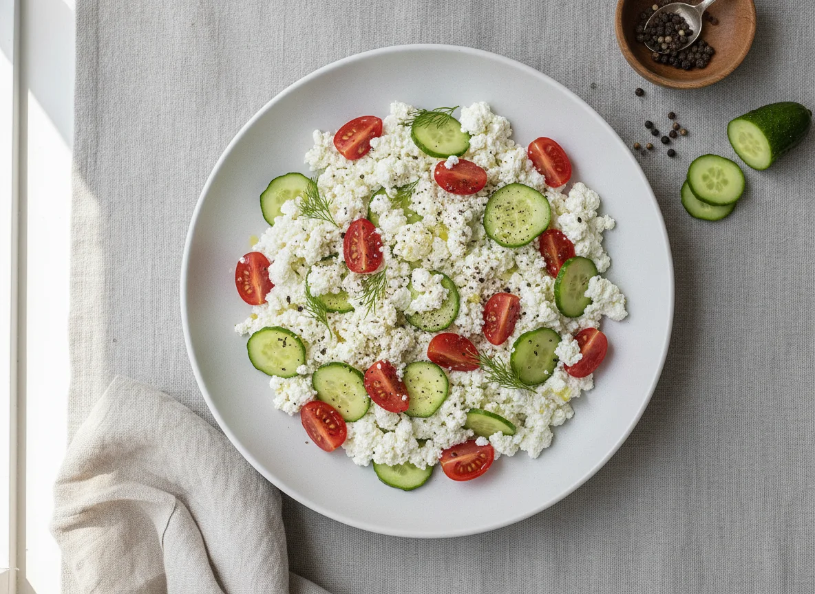 Cottage cheese salad with cucumber and tomato photo