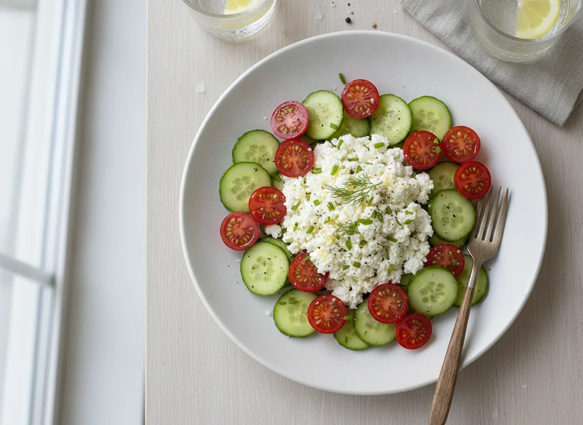 Cottage cheese salad with tomatoes and cucumber photo