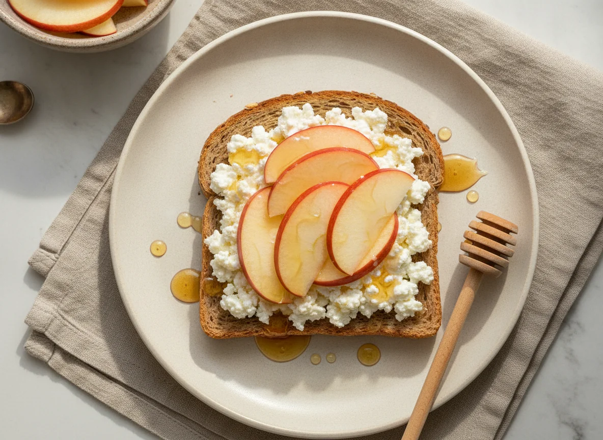 Cottage cheese toast with honey and apple slices photo
