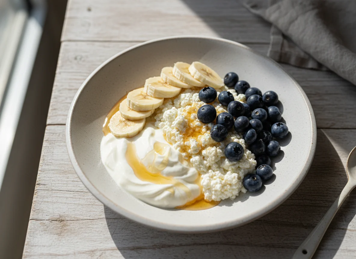 Cottage Cheese with Banana and Blueberries photo