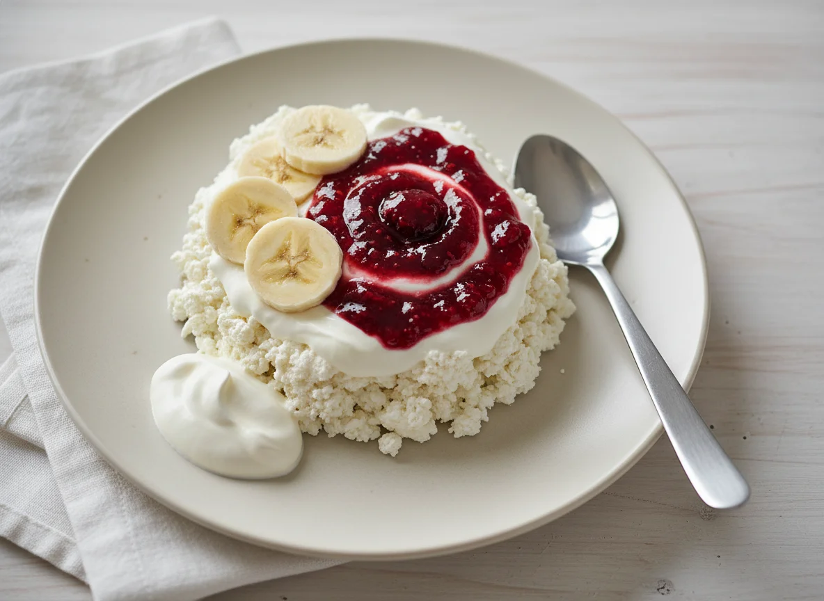 Cottage cheese with banana and jam photo