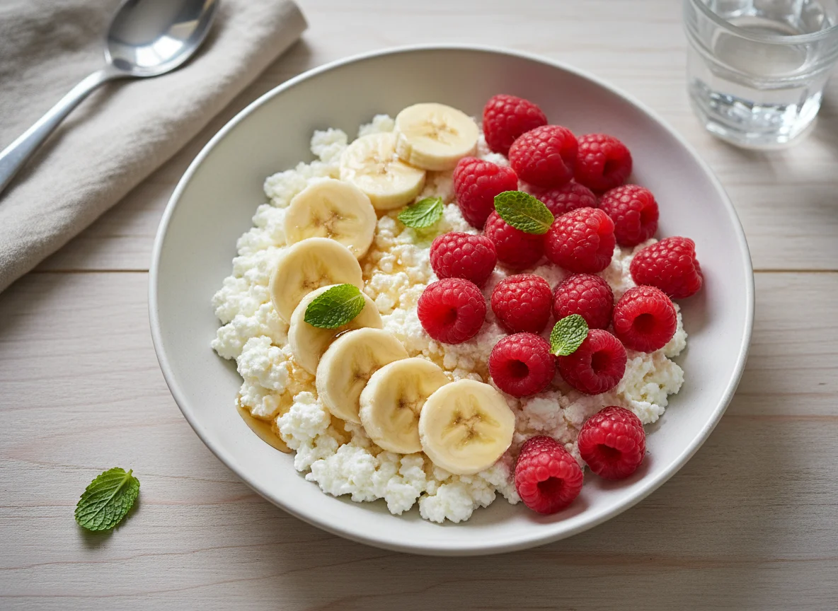 Cottage cheese with banana and raspberries photo