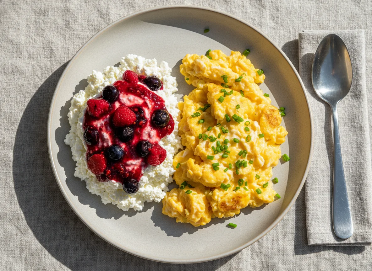 Cottage Cheese with Berry Jam and Scrambled Eggs photo