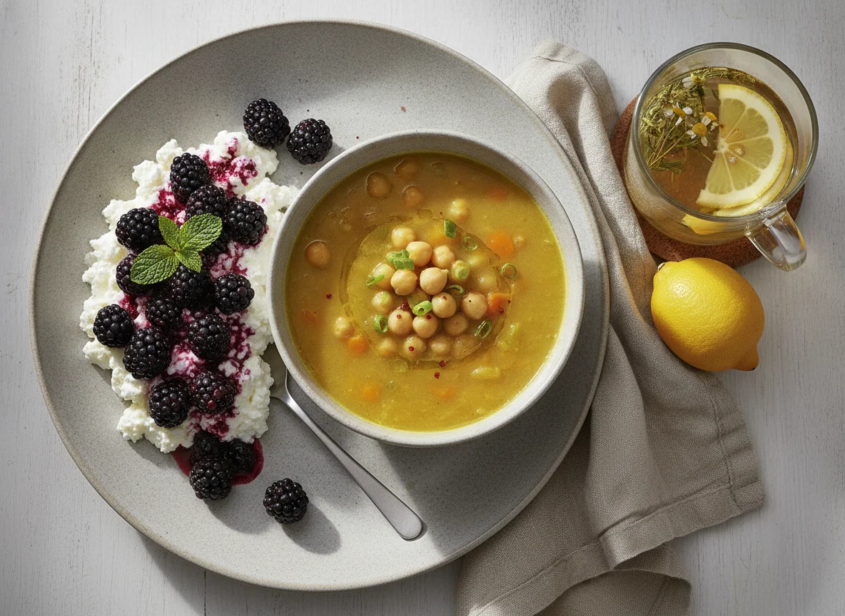 Cottage cheese with blackberries, chickpea soup, and lemon tea photo