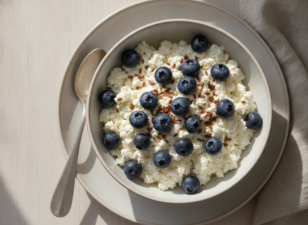 Cottage cheese with blueberries and flax seeds photo