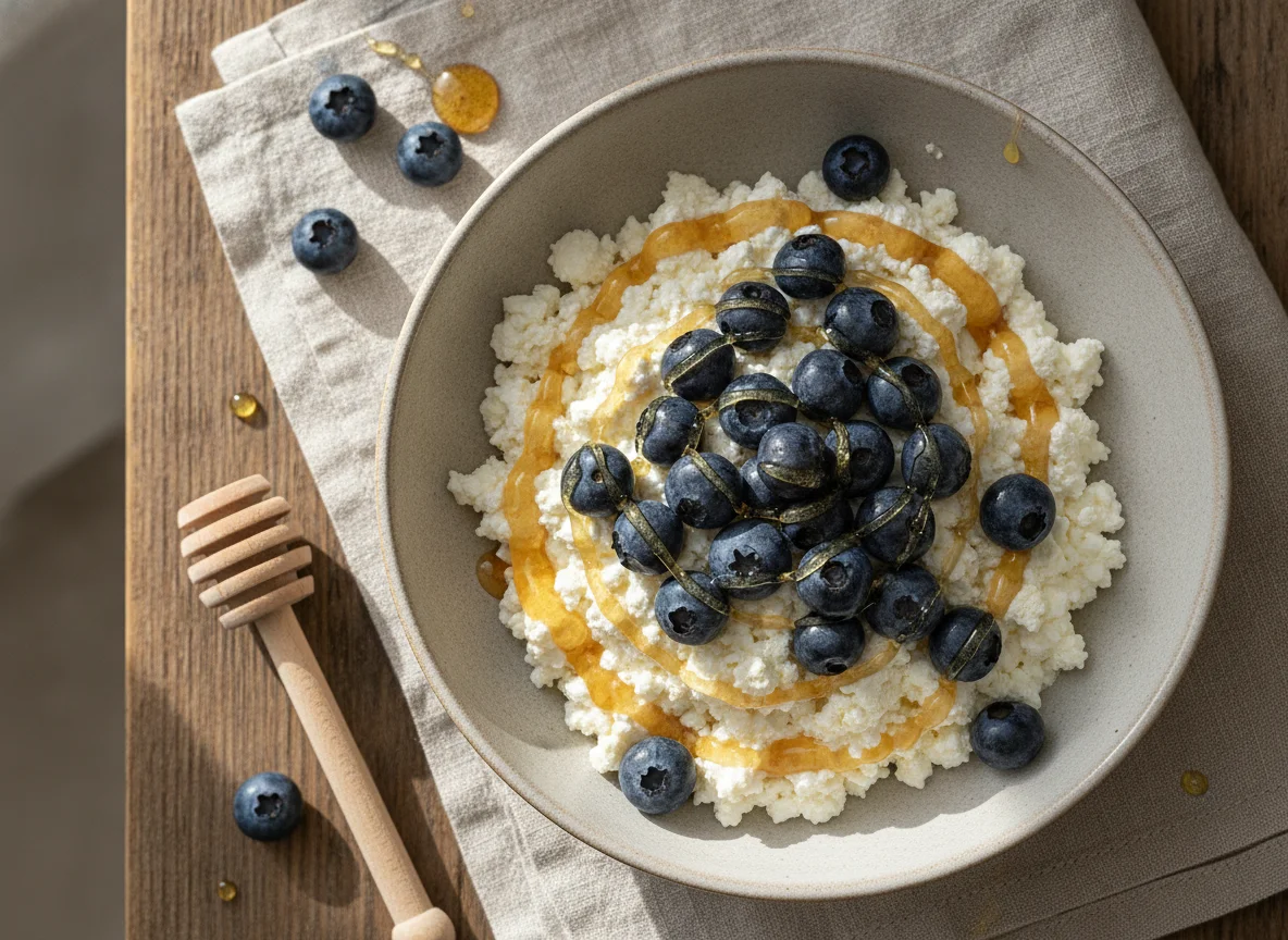 Cottage cheese with blueberries and honey photo