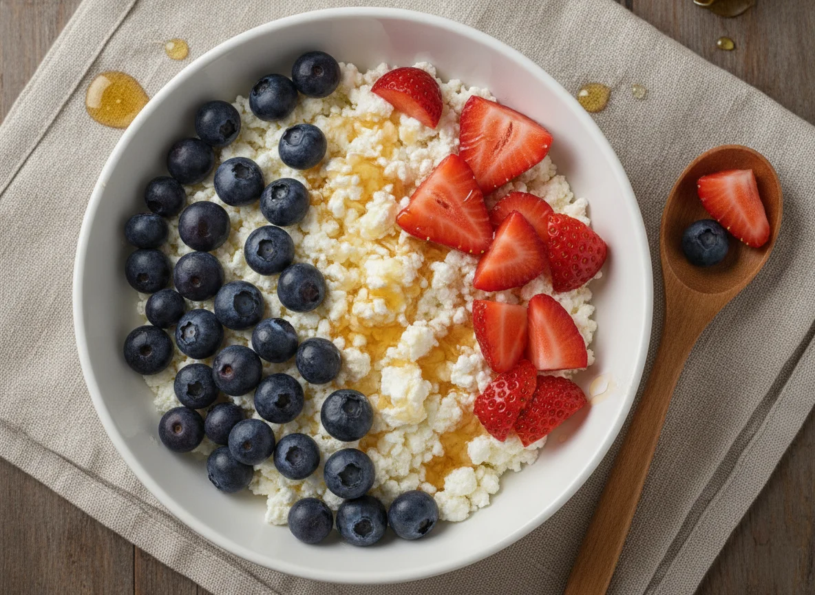 Cottage cheese with blueberries and strawberries photo