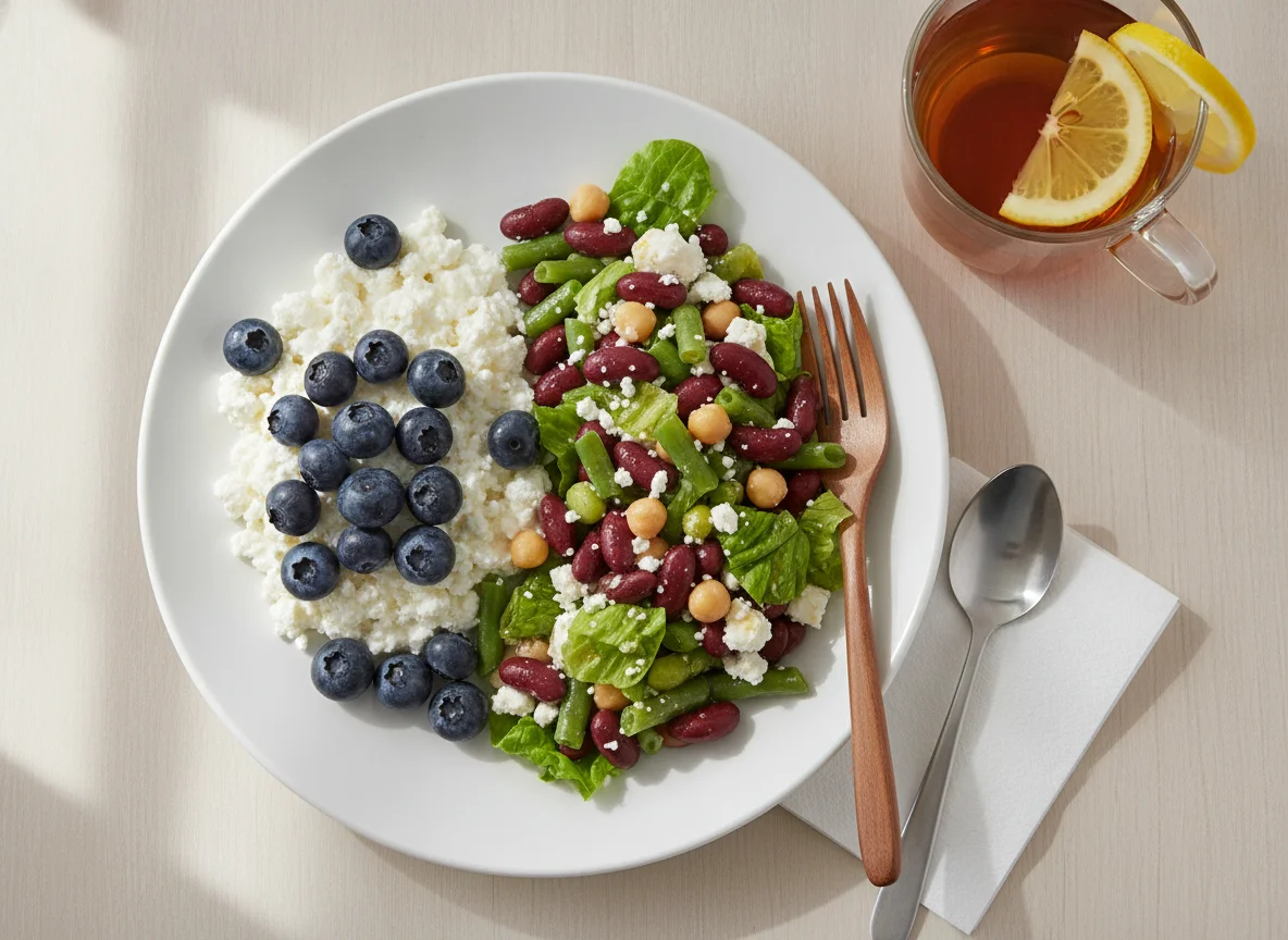 Cottage cheese with blueberries, bean salad, and lemon tea photo