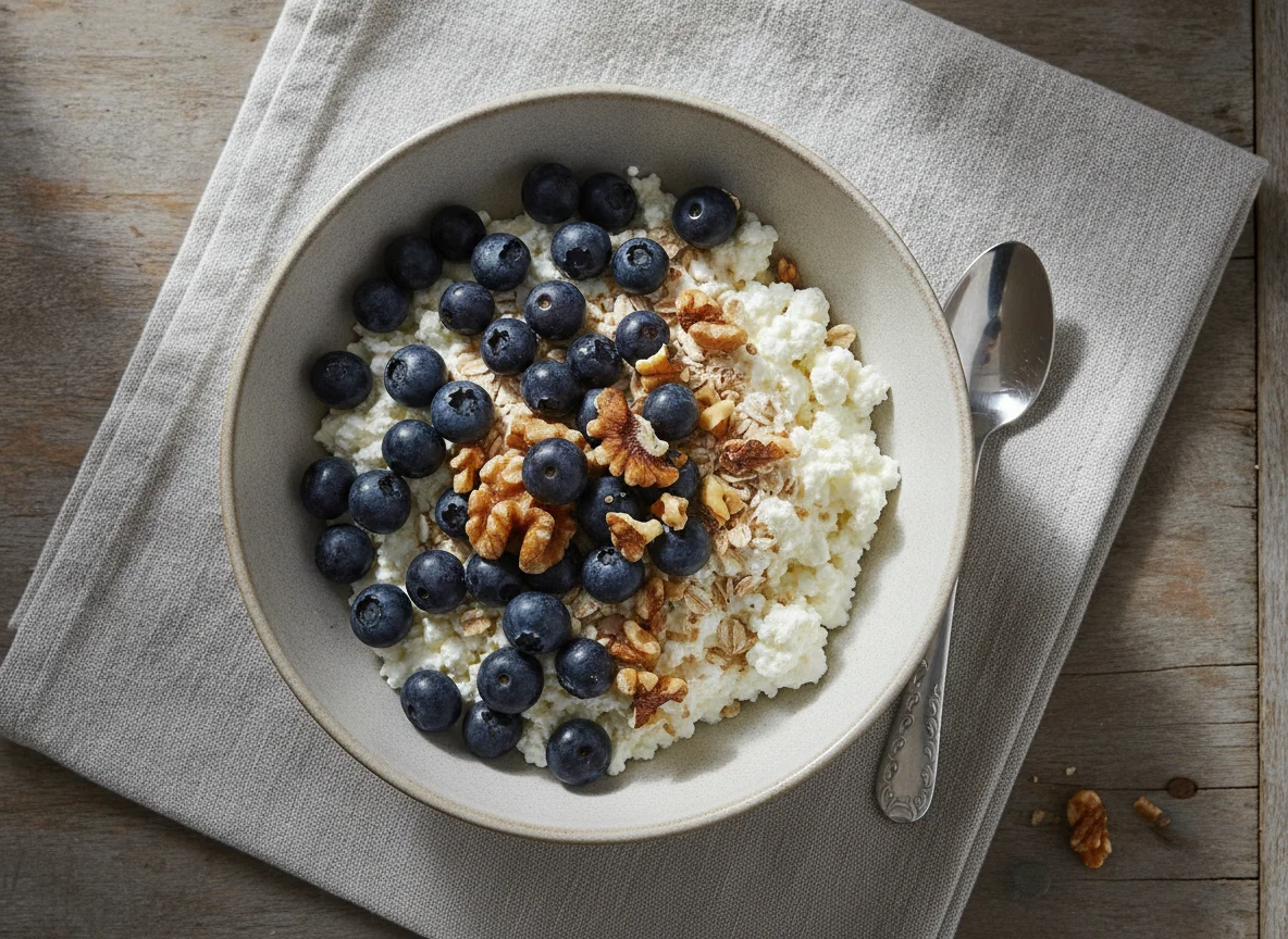 Cottage cheese with blueberries, oats, and walnuts photo