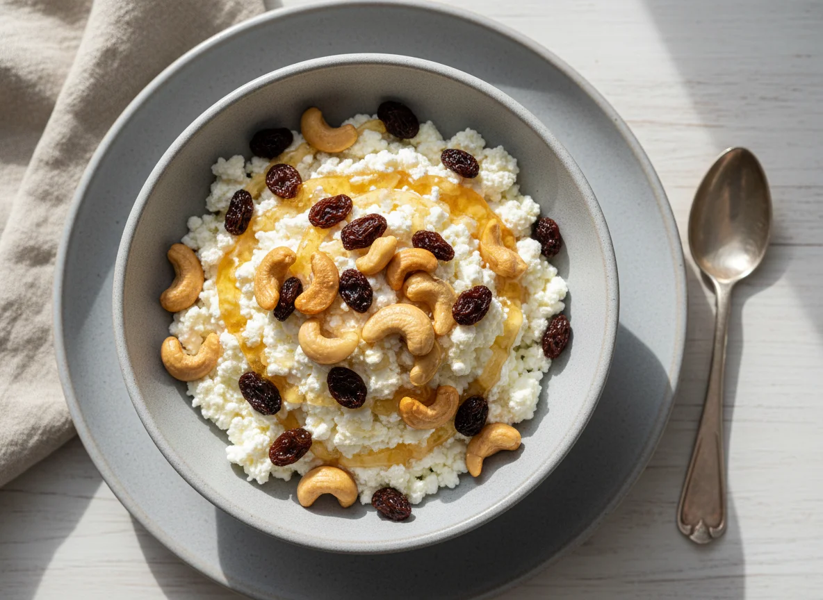 Cottage Cheese with Cashews, Raisins, and Honey photo