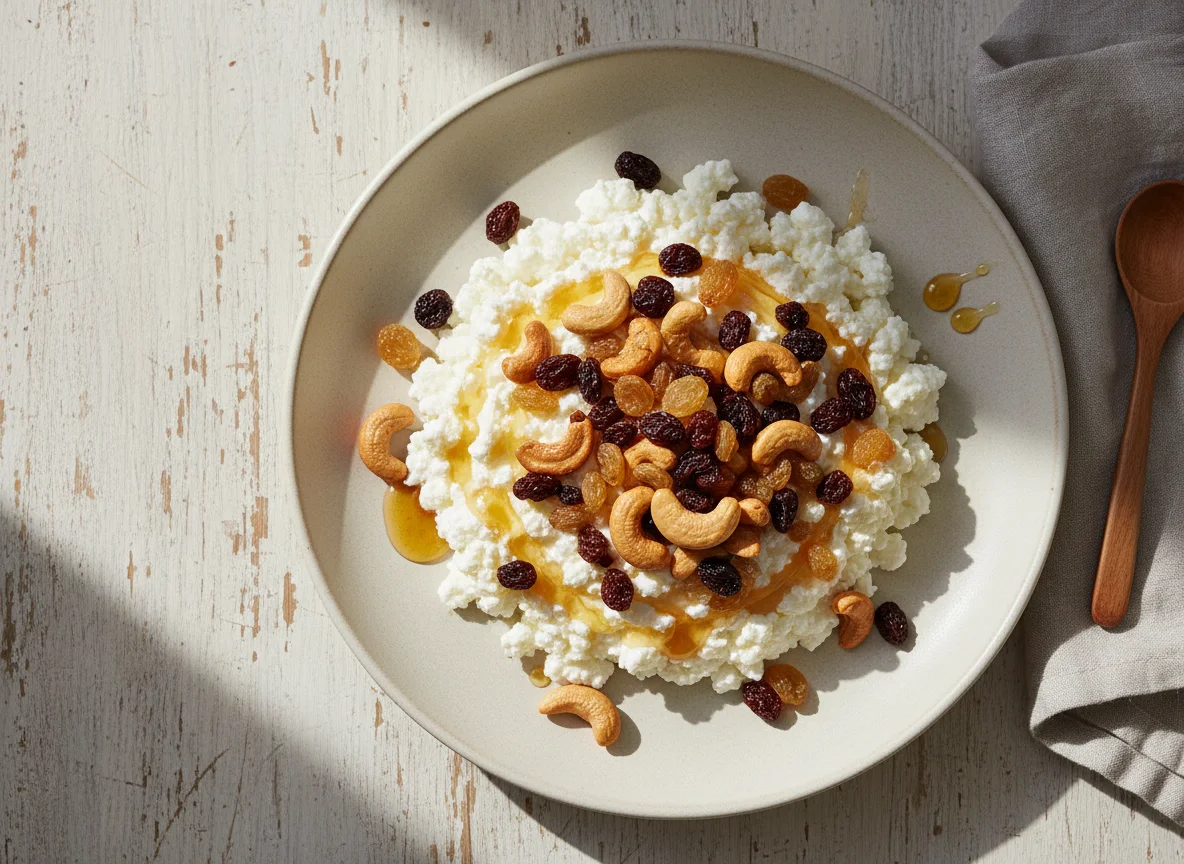Cottage Cheese with Honey, Cashews, and Raisins photo
