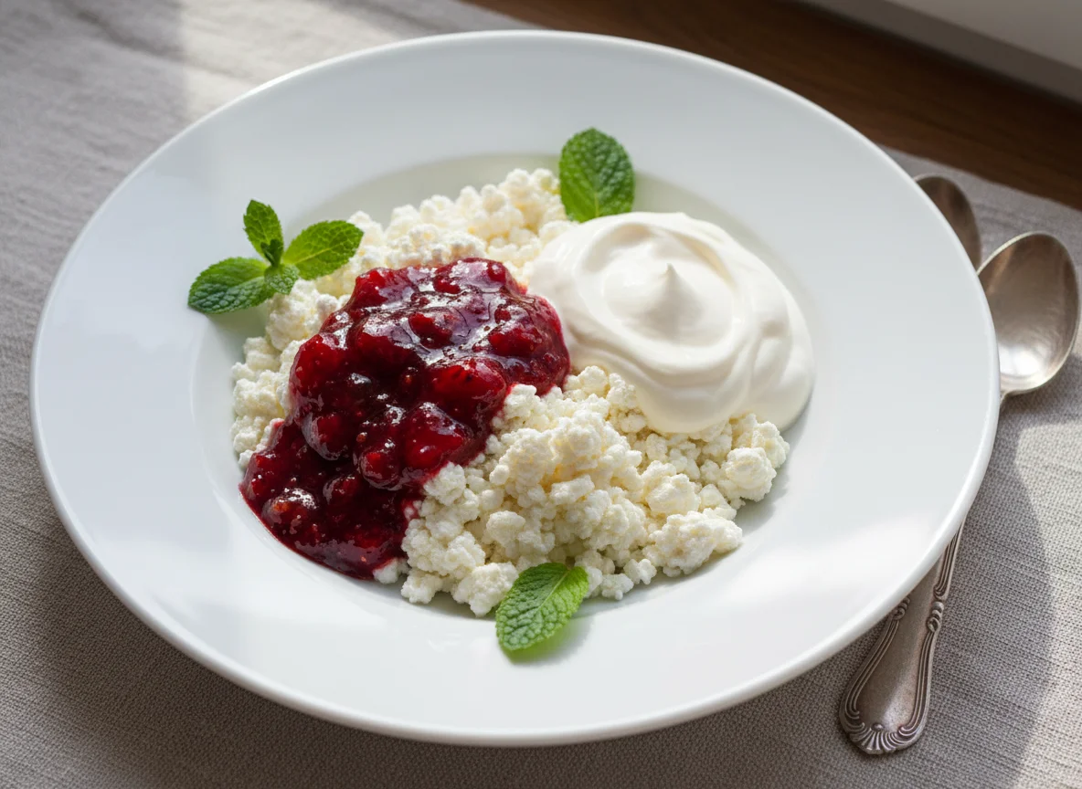 Cottage Cheese with Jam and Sour Cream photo