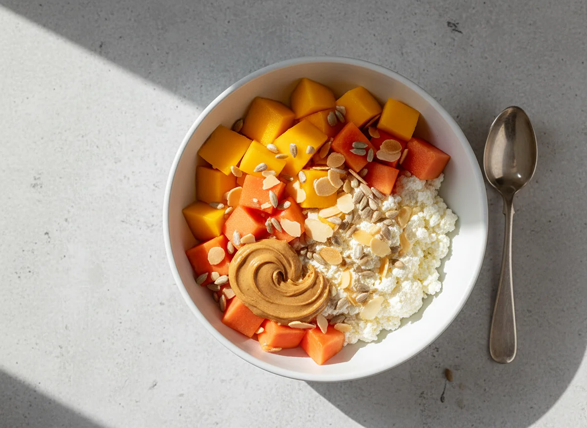 Cottage Cheese with Mango, Papaya, Seeds and Nut Butter photo