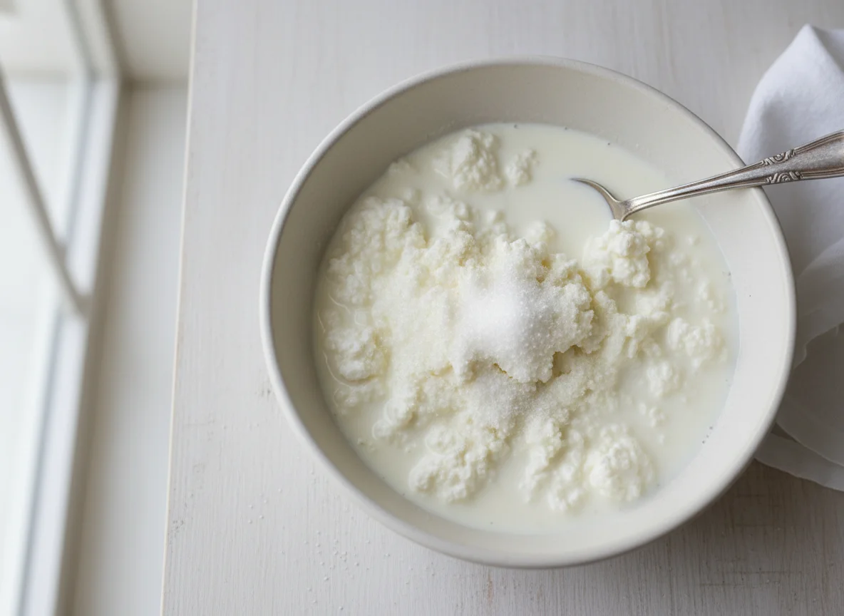 Cottage cheese with milk/cream and sugar photo