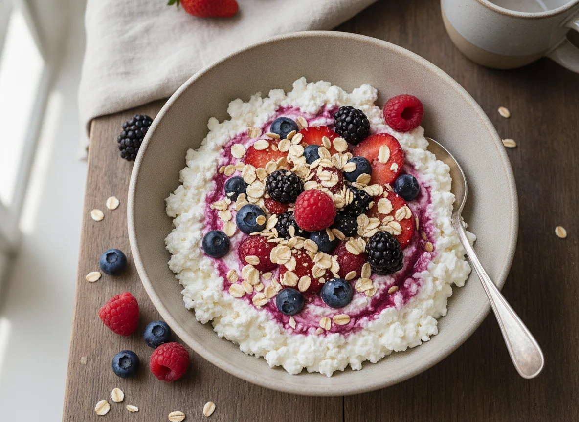 Cottage cheese with mixed berries and oats photo