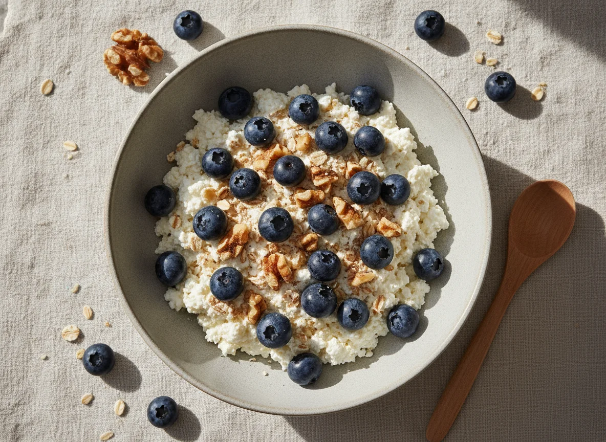 Cottage cheese with oats and blueberries photo