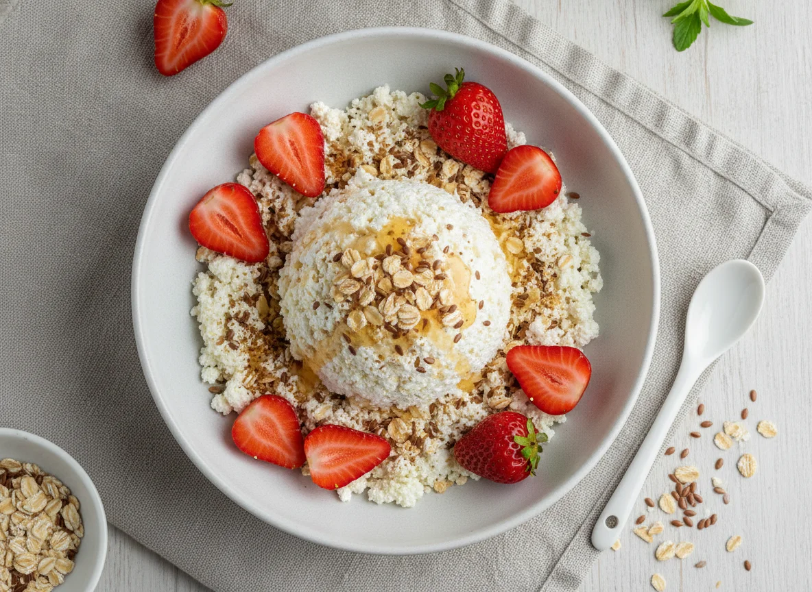 Cottage cheese with oats and strawberries photo