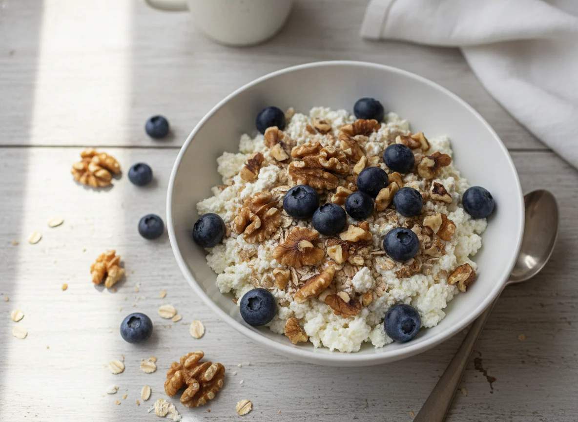 Cottage cheese with oats, walnuts, and blueberries photo