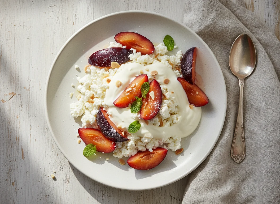 Cottage Cheese with Plums and Sour Cream photo