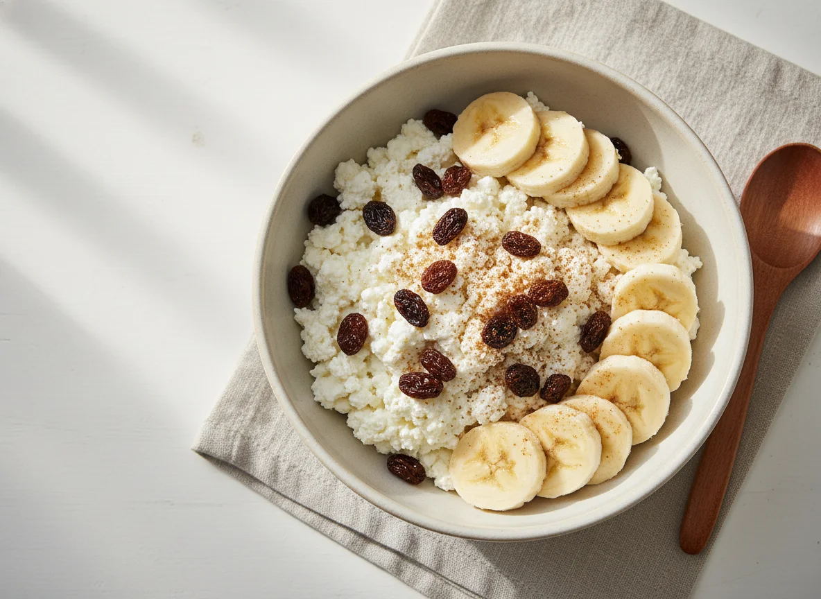 Cottage Cheese with Raisins and Banana photo