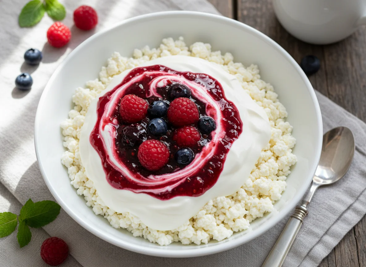 Cottage Cheese with Sour Cream and Berry Jam photo