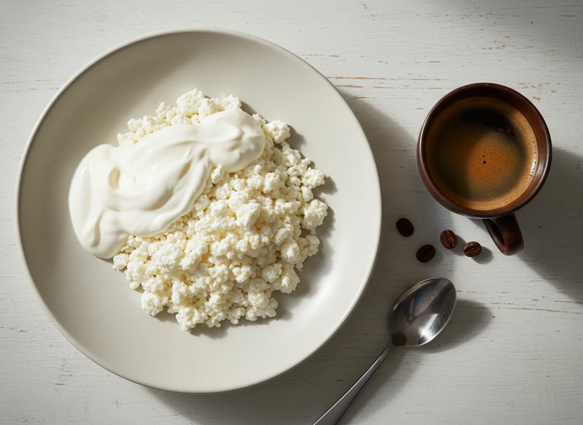 Cottage Cheese with Sour Cream and Coffee photo