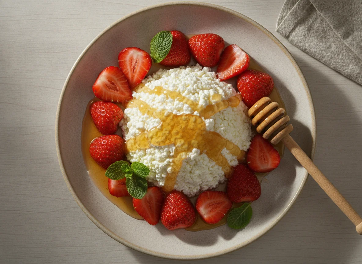 Cottage cheese with strawberries and honey photo