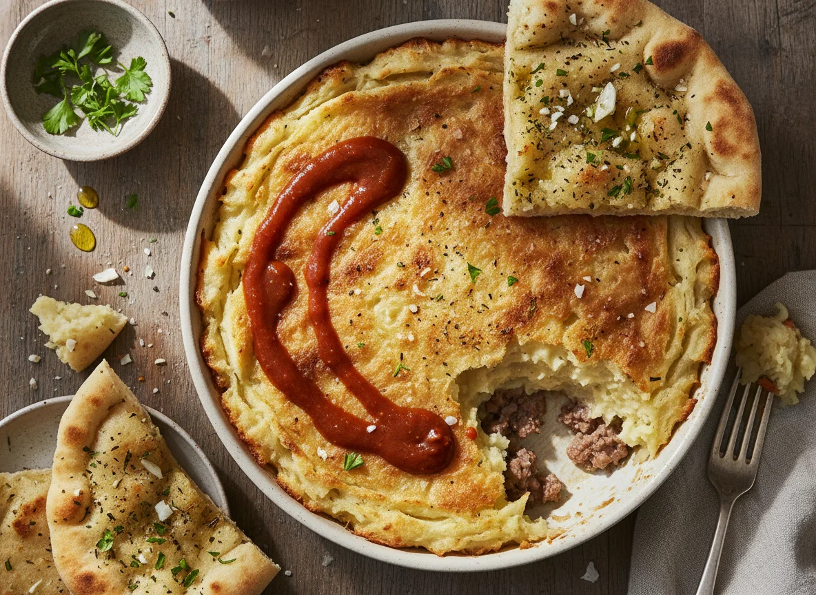 Cottage pie with Nandos garlic hot sauce and garlic flatbread photo