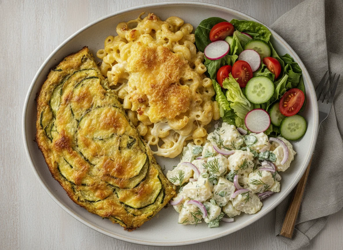Courgette bake with macaroni cheese and salad photo