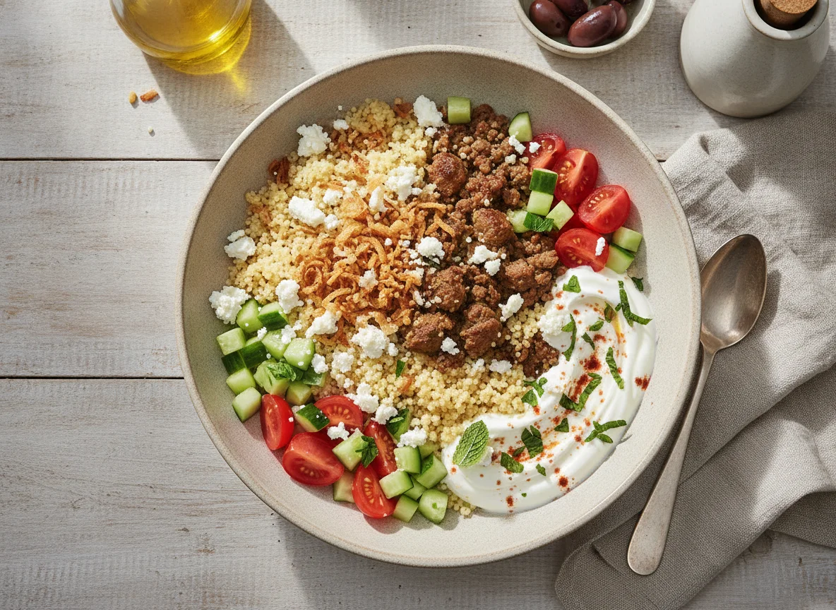 Couscous bowl with feta and crispy onions photo