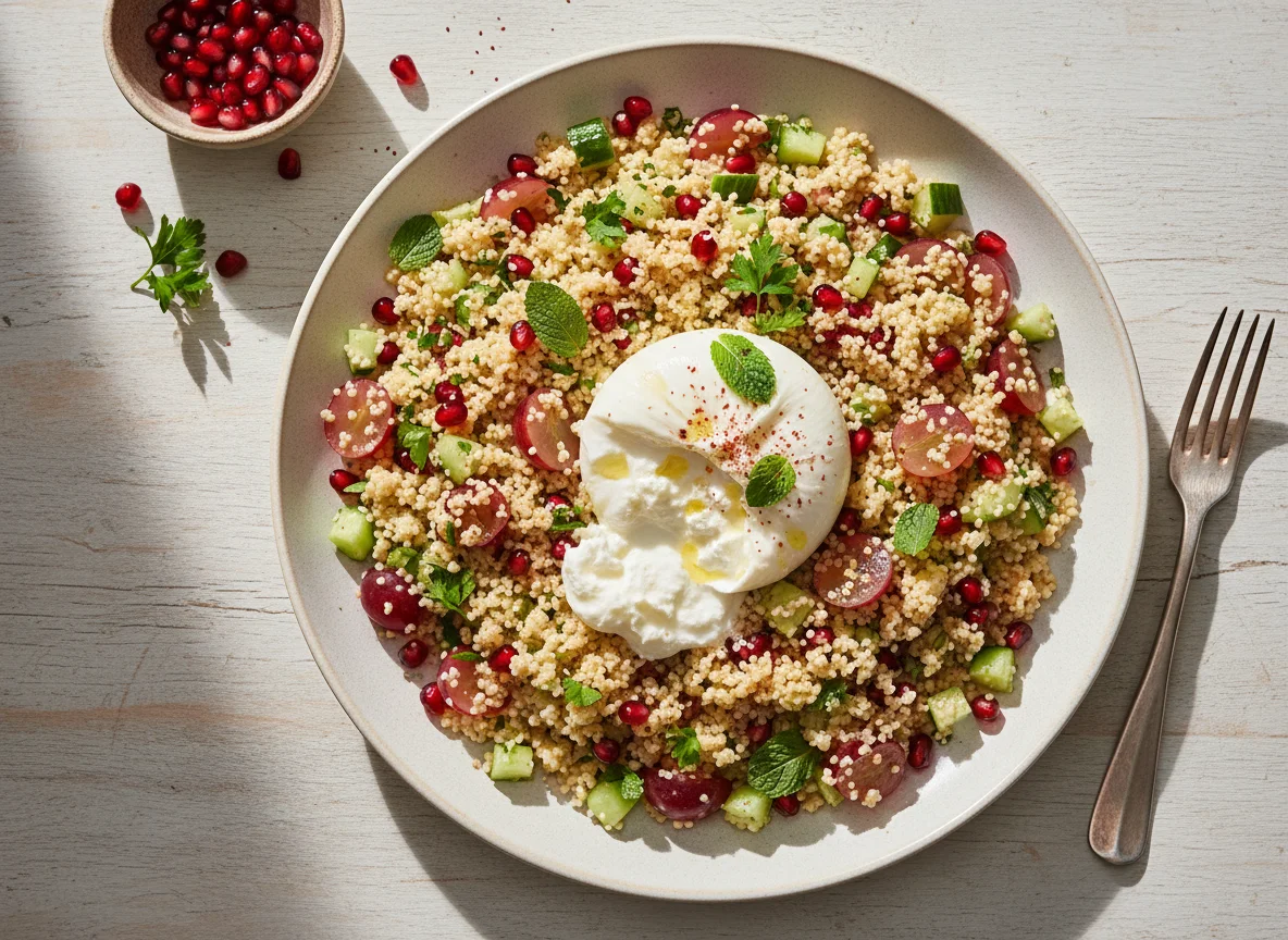 Couscous Salad with Burrata, Grapes, Pomegranate, and Cucumber photo