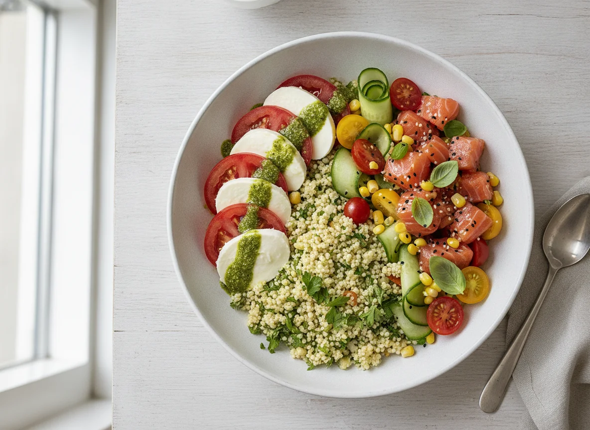Couscous salad with caprese and salmon poke bowl photo