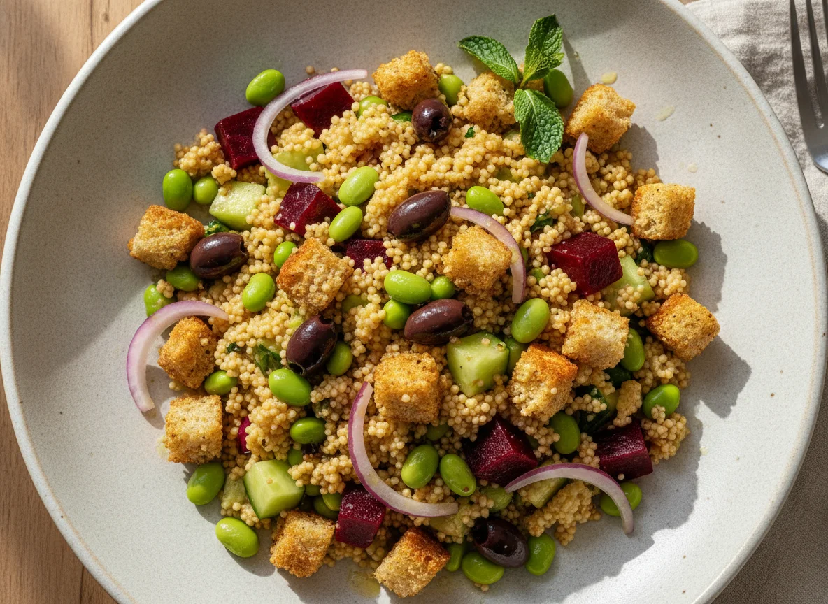 Couscous salad with edamame, olives, and croutons photo
