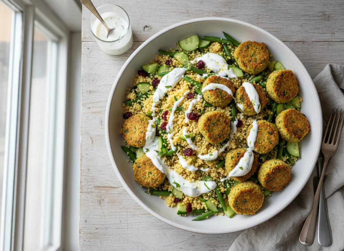 Couscous salad with falafel and dressing photo
