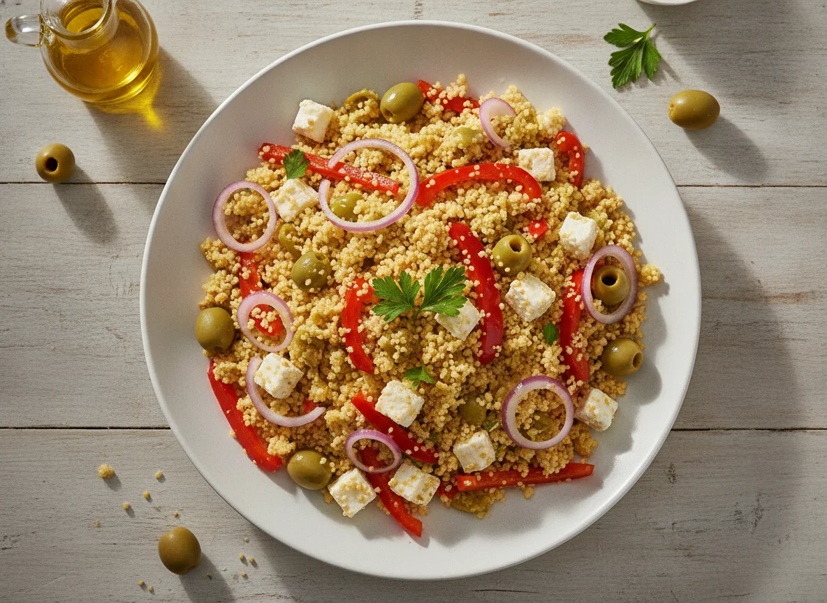 Couscous salad with olives and peppers photo