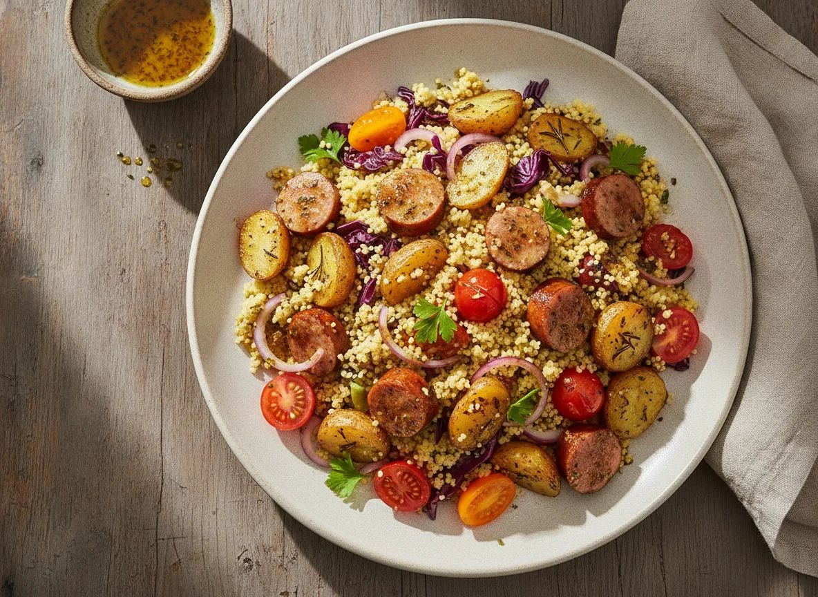 Couscous salad with pork sausage and roasted potatoes photo
