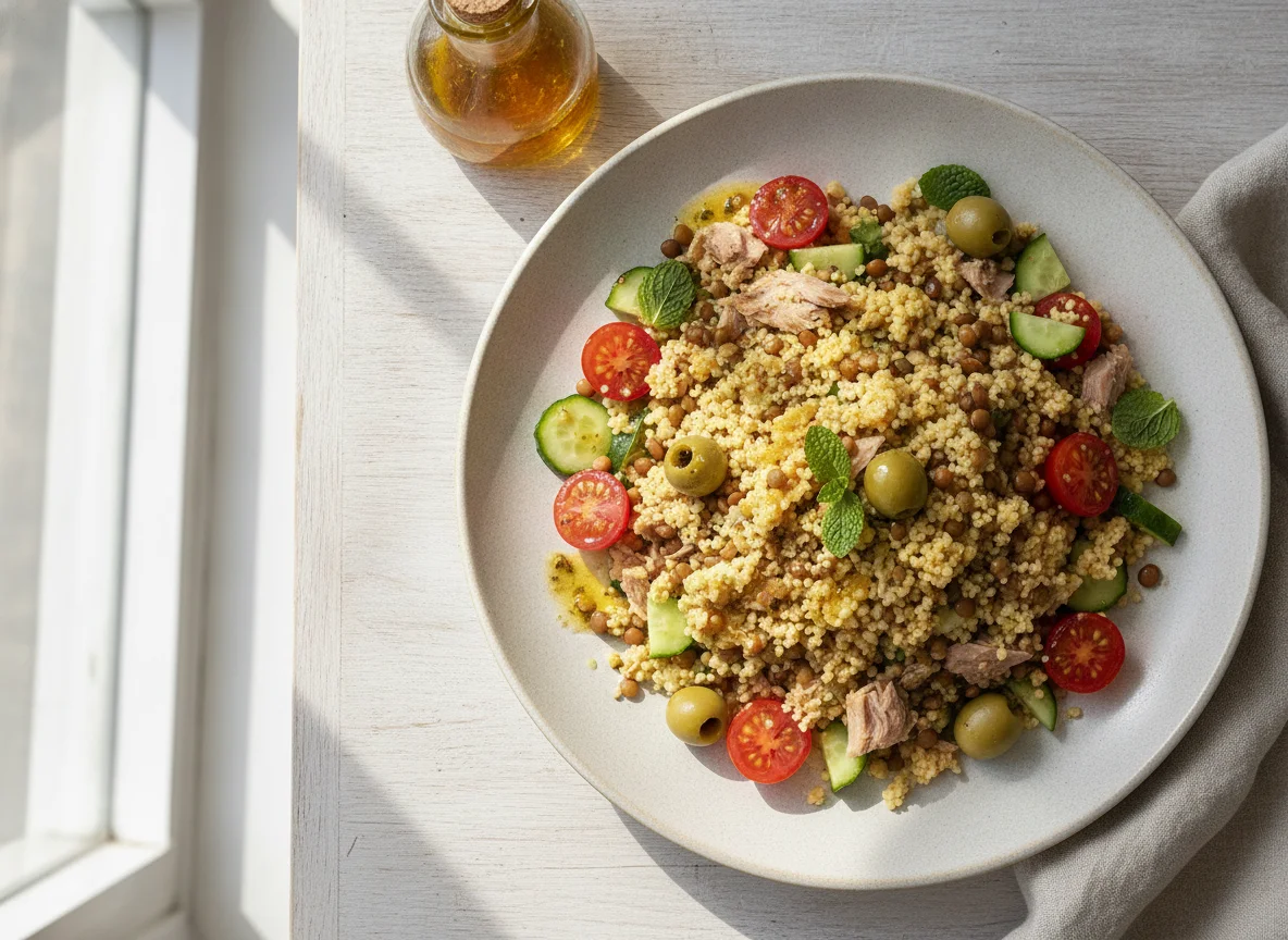 Couscous salad with tuna and vegetables photo