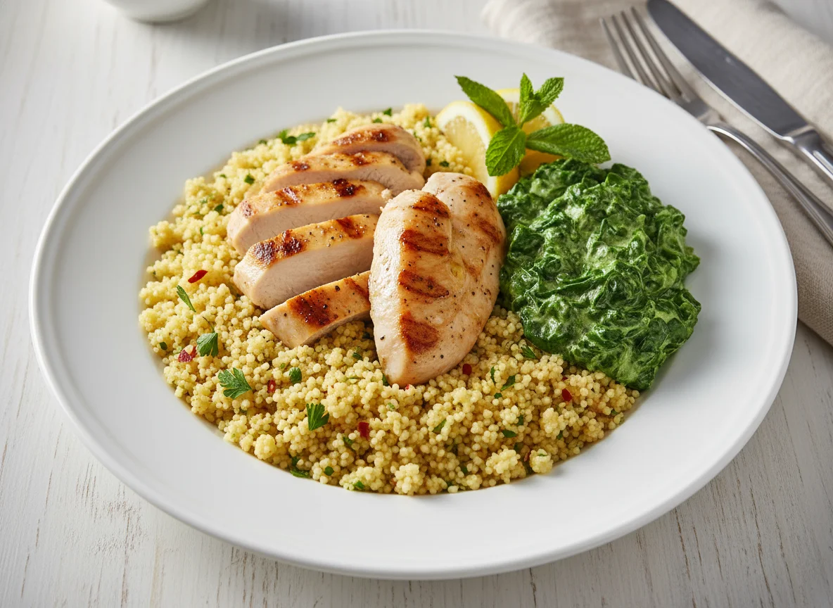 Couscous with Grilled Chicken and Creamed Spinach photo