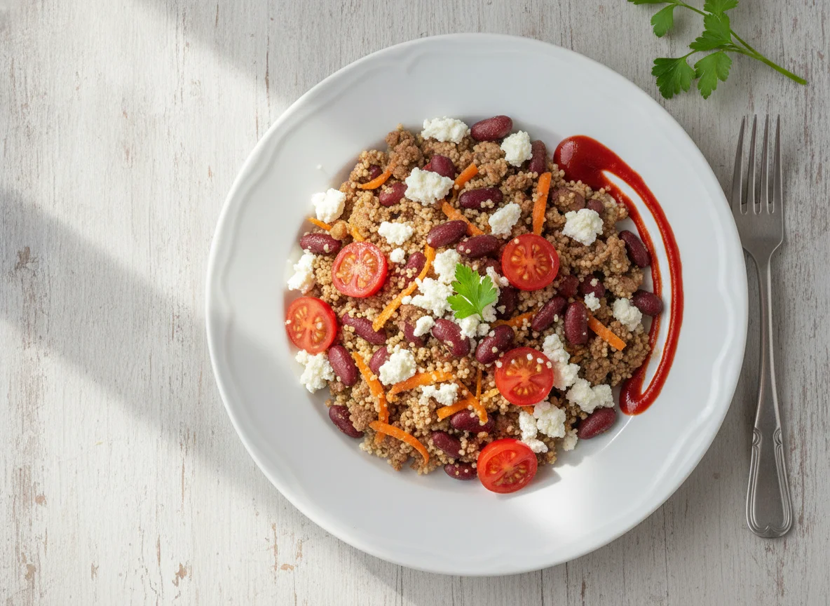 Couscous with kidney beans, cherry tomatoes and cottage cheese photo