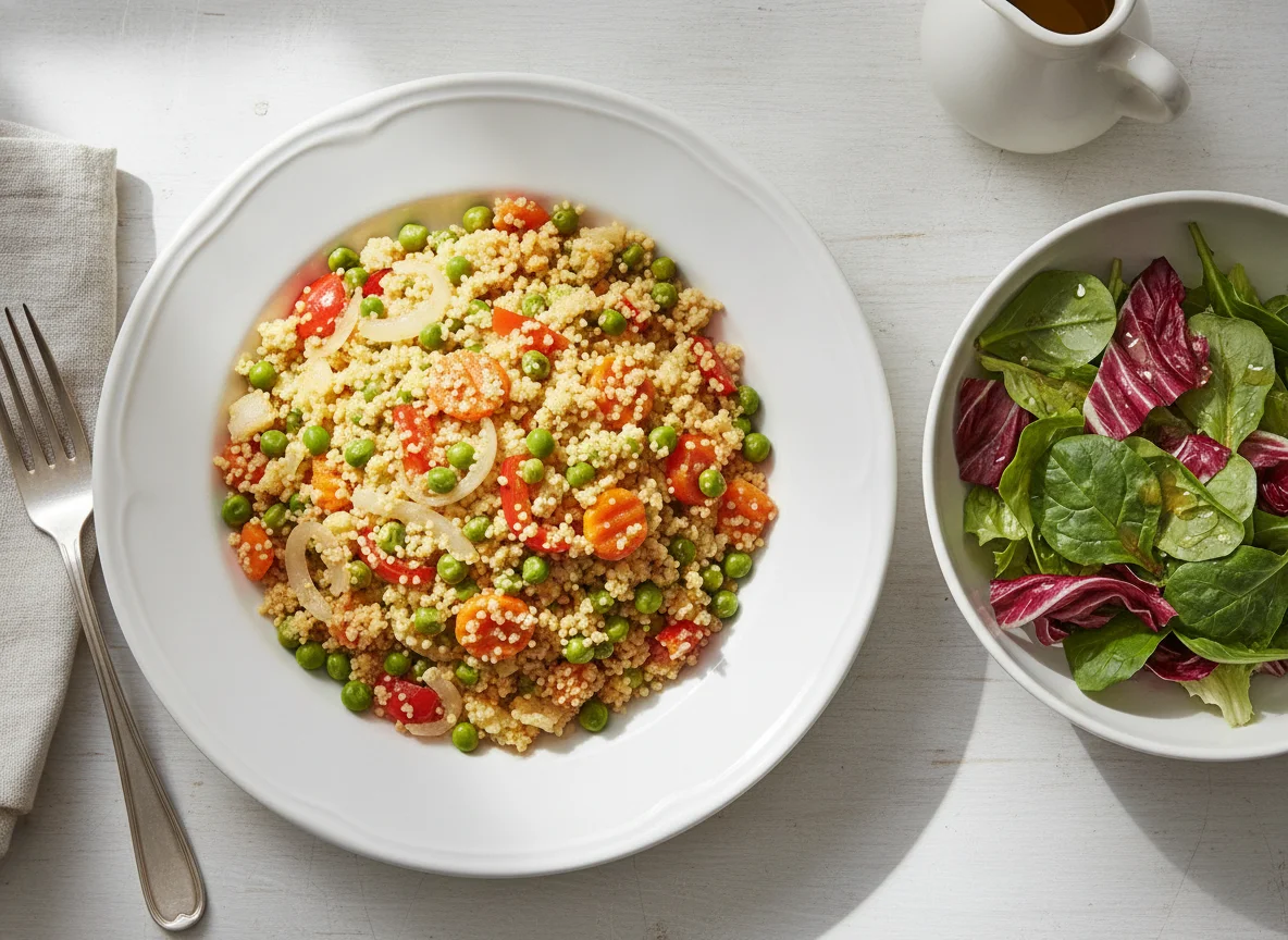 Couscous with Mixed Vegetables and Side Salad photo