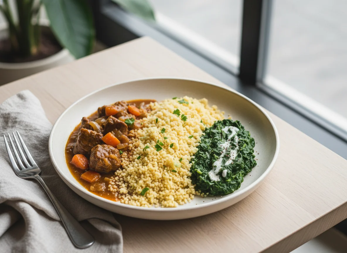 Couscous with Stewed Meat and Creamed Spinach photo
