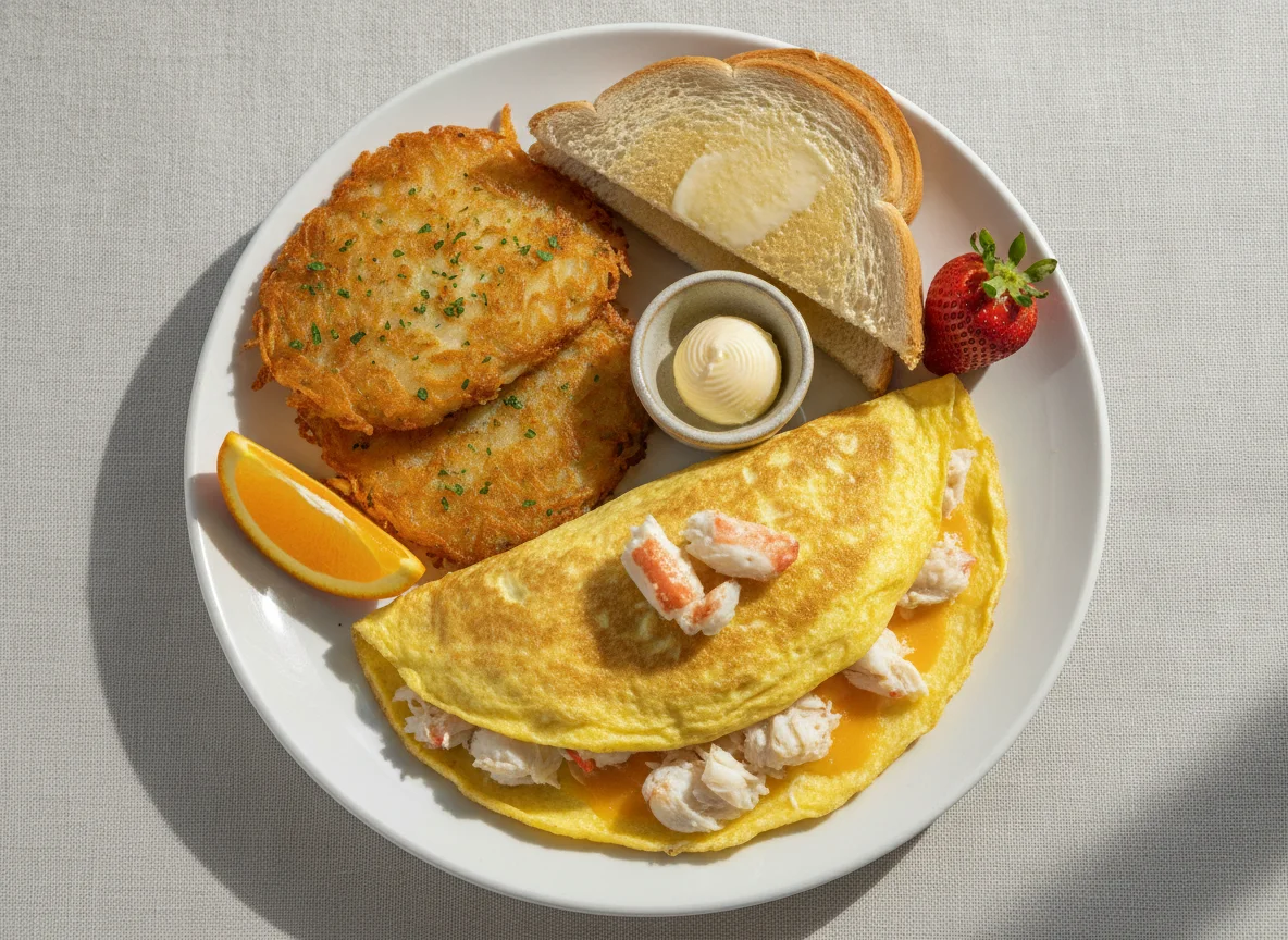 Crab Omelette with Hash Browns and Toast photo