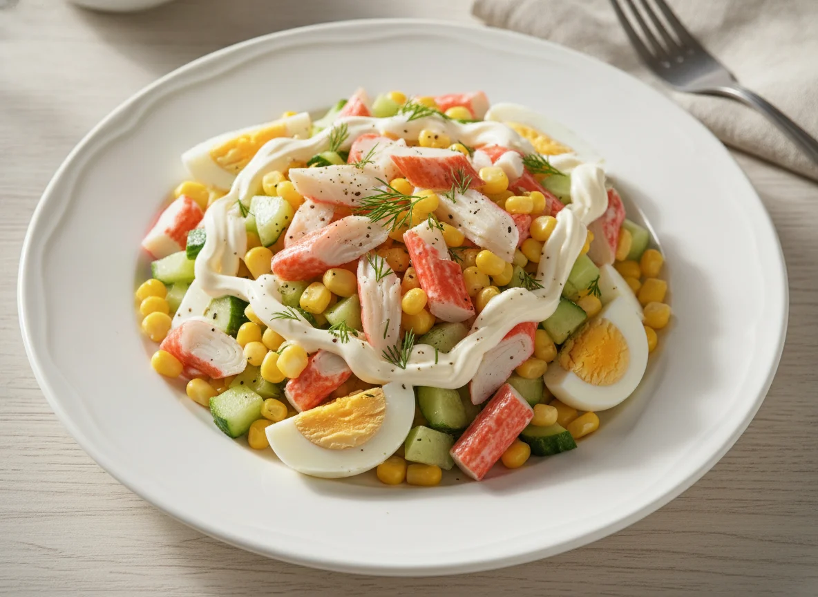 Crab stick salad with corn and cucumber photo
