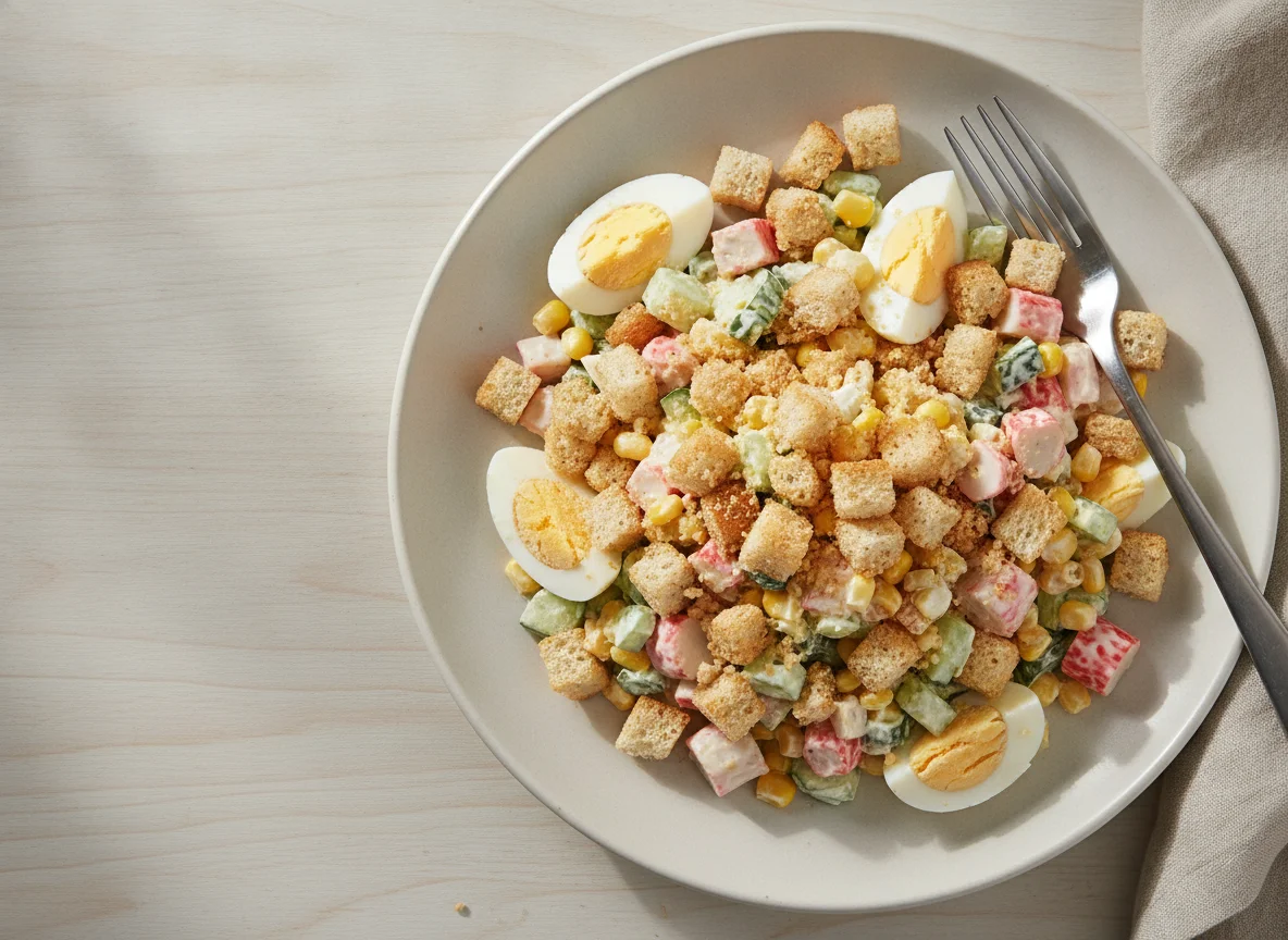 Crab stick salad with croutons photo