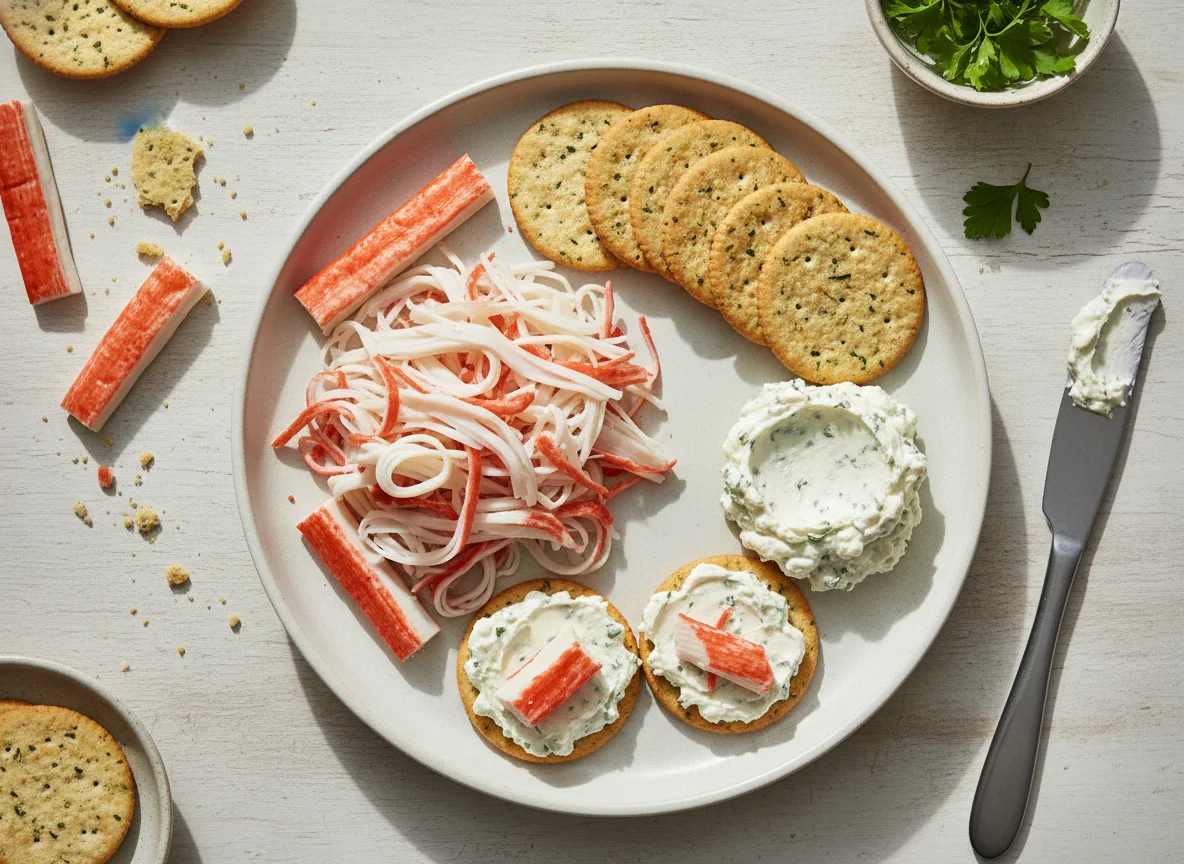 Crab sticks and crackers with cream cheese photo