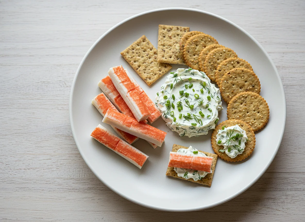 Crab sticks and crackers with cream cheese spread photo
