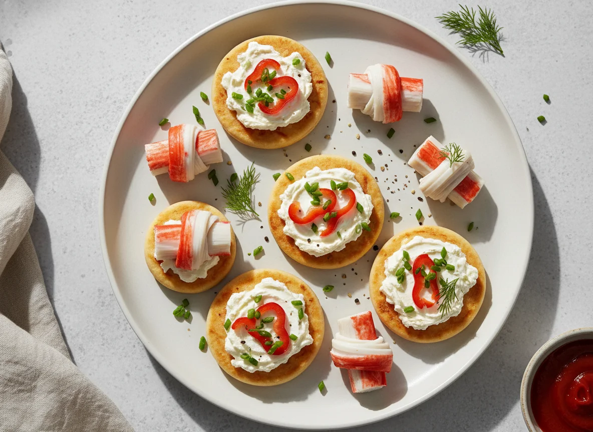 Crab sticks and mini pizzas with cream cheese photo